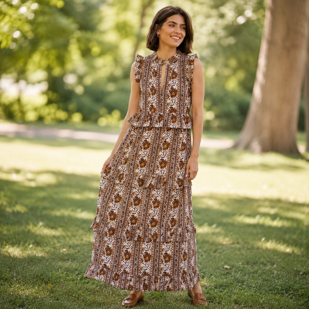 Livro Women Brown Floral Block Print Cotton Tiered Ruffle Maxi Dress Small
